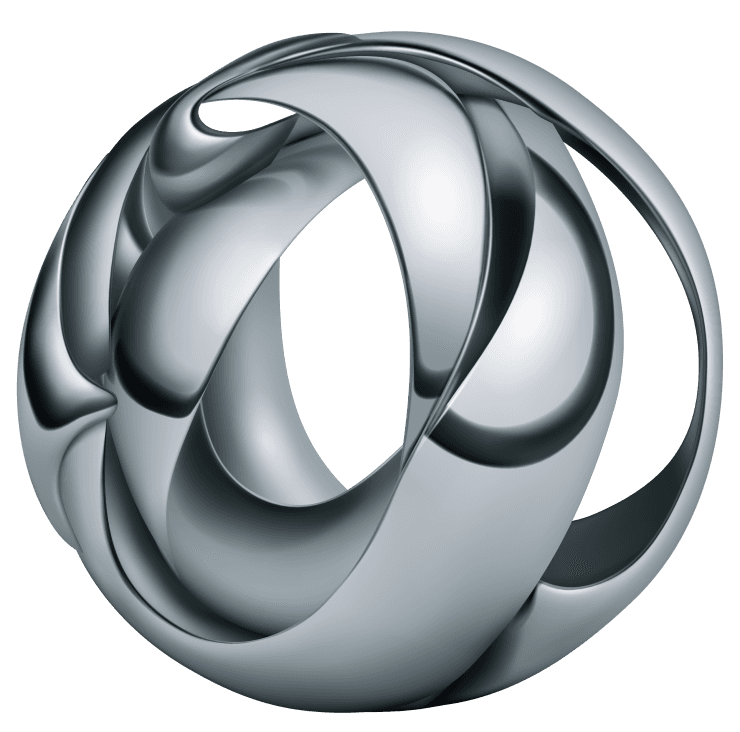 Abstract figure made of silver plates curved and intertwined in the form of a sphere