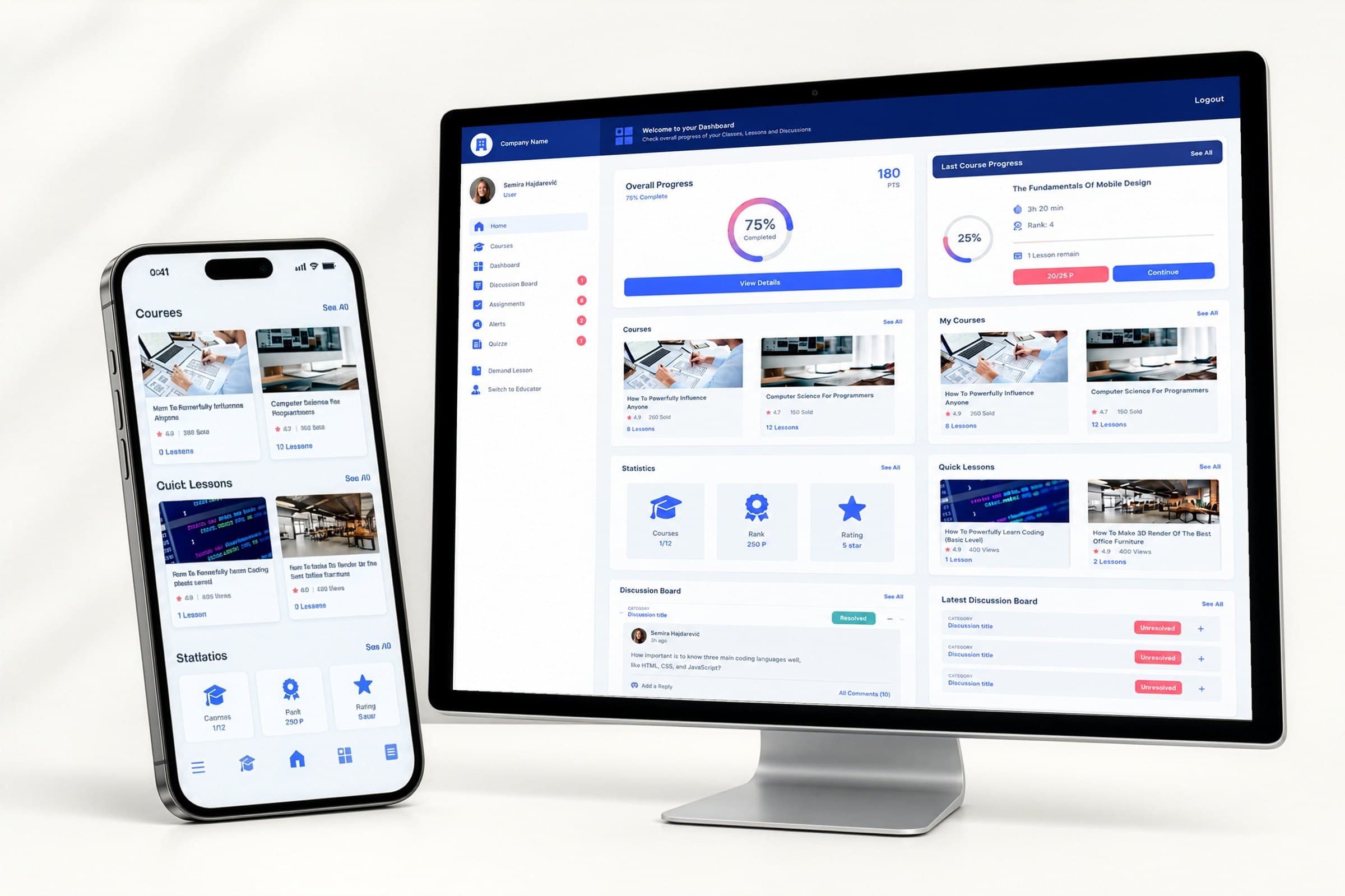 MindForge learner dashboard on desktop and mobile, showing courses, progress and lessons